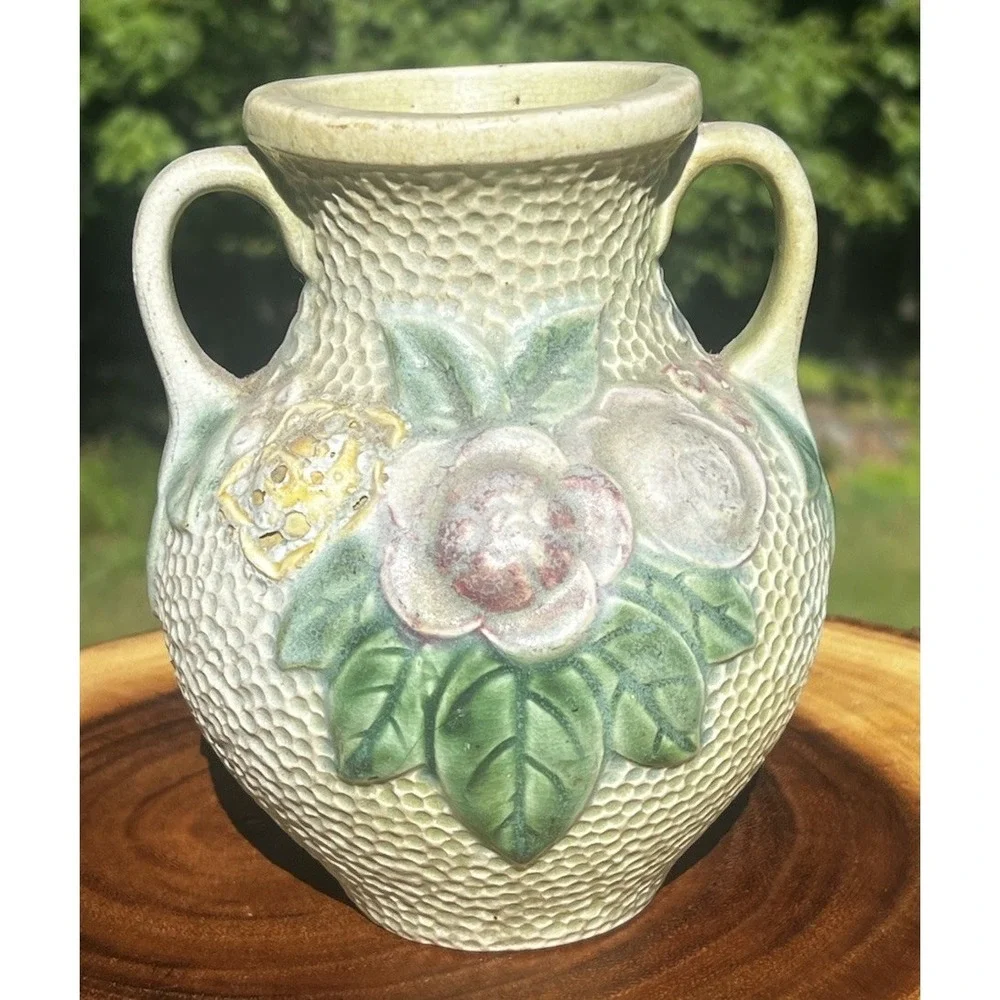 Antique Roseville Rozane Double Handle Roses Floral Art Pottery Vase 6.5